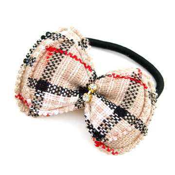 Grid Pattern Fabric Ponytail Holder Cream